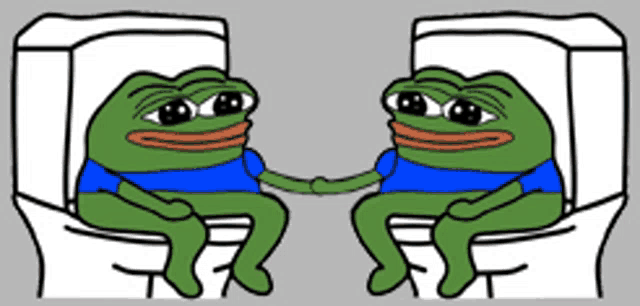 two green frogs sitting on a toilet shaking hands
