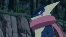 a pokemon is standing on a rock in the woods and looking at the camera .