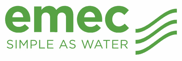a logo for emec simple as water with a green background