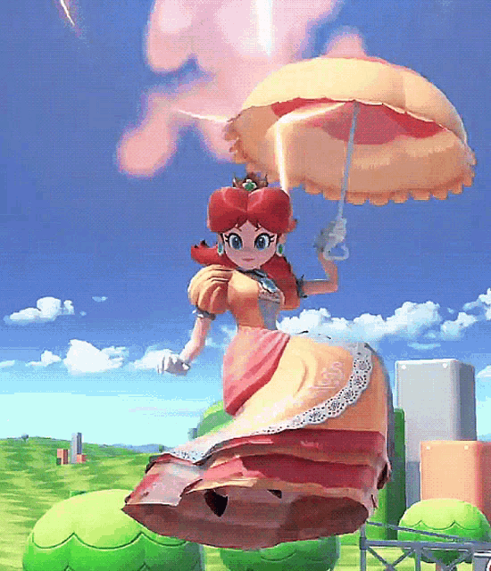 princess daisy is holding an umbrella in a video game scene