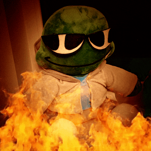 a stuffed turtle wearing sunglasses and a hoodie is surrounded by fire