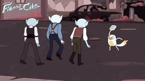 cartoon characters walking down a street in front of a sign that says fianna cake