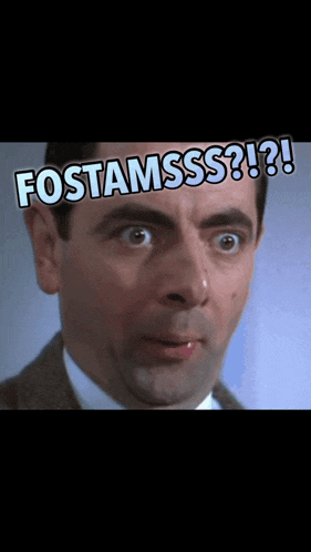 a close up of a man 's face with the words fostamsss written on it