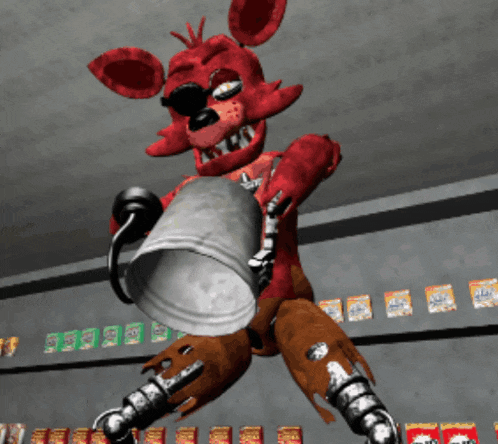 a cartoon of foxy holding a bucket of cereal in a store