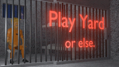 a man sits behind bars in a jail cell with the words play yard or else above him