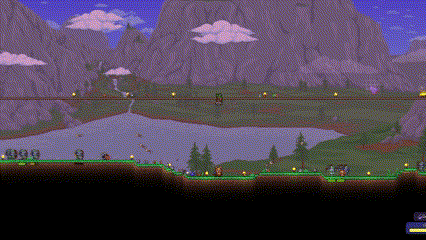 a screenshot of a video game with a lake and mountains in the background