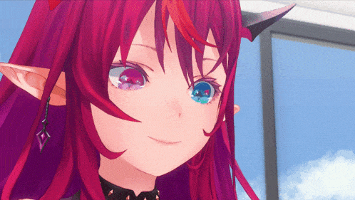 a close up of a red haired anime girl with blue eyes