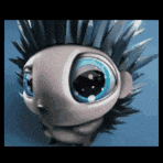 a close up of a cartoon character 's face with blue eyes