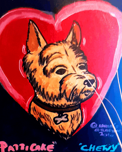 a painting of a dog with the name patticake on the bottom right