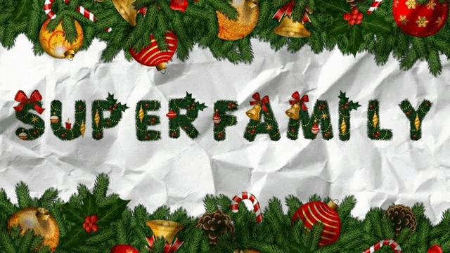 the word super family is written with christmas decorations