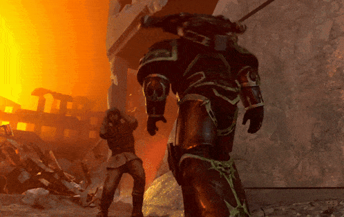 a video game scene with a man standing in front of a giant robot with the letter b on it
