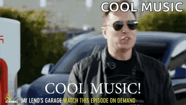 a man wearing sunglasses stands in front of a car with the words cool music below him