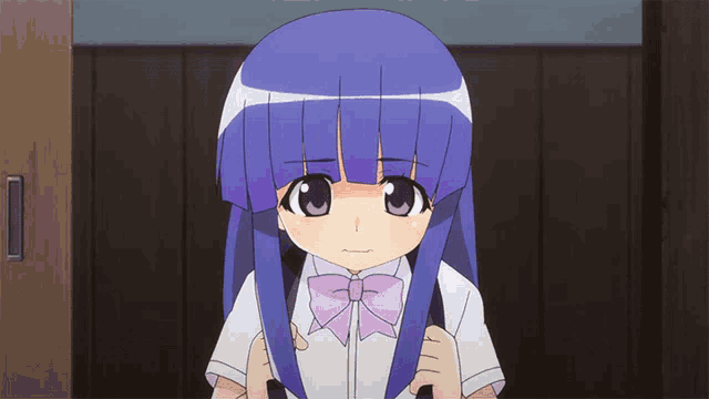 a girl with purple hair and a purple bow