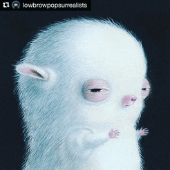 a drawing of a white furry animal with a black background and the words lowbrowpopsurrealists on the bottom