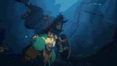 a cartoon of a monster holding a spear and shield