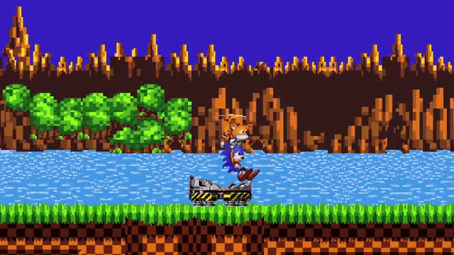 a sonic the hedgehog video game scene with tails on a cart