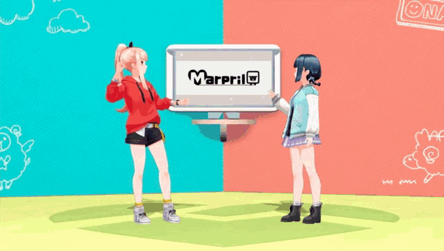 two anime girls are standing in front of a sign that says marpril