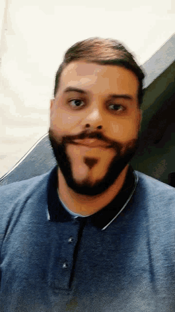 a man with a beard wearing a blue shirt