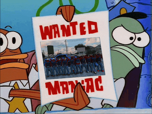 a cartoon character holds up a wanted poster