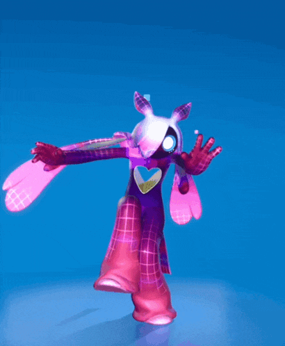 a purple and pink cartoon character with a heart on its chest