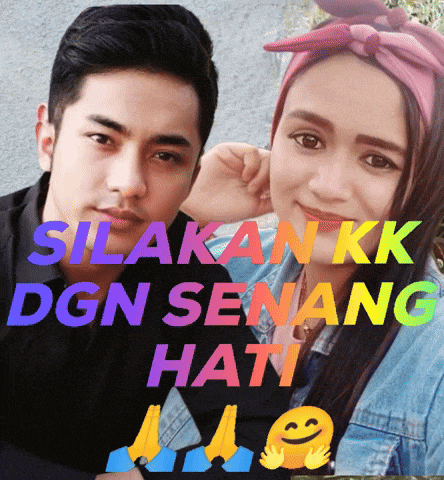 a man and a woman are sitting next to each other with the words silakan kk dgn senang hati above them