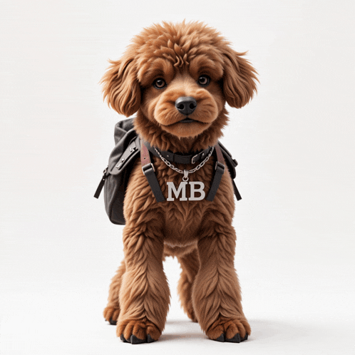 a small brown dog wearing a black backpack and a tag that says mb