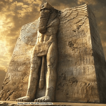 a statue of a man with wings and a beard is standing in the sumer land