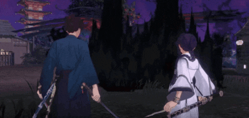 a man in a blue kimono is holding a sword and a woman in a white kimono is holding a sword