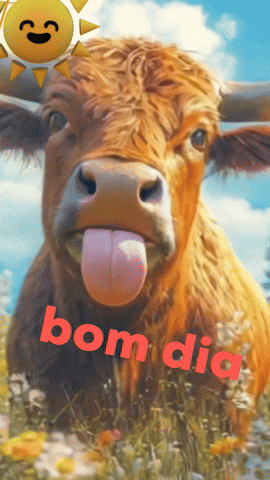 a cow sticking its tongue out in a field with the word bom dia below it