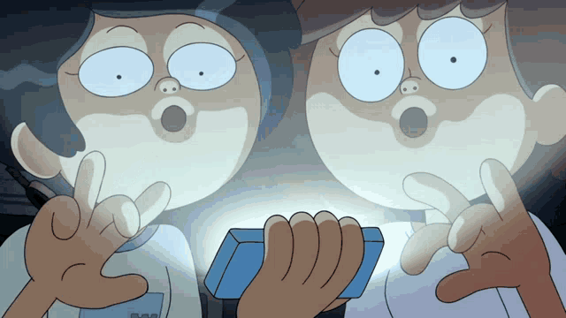 two cartoon characters are holding a flashlight and one of them has a name tag that says bar