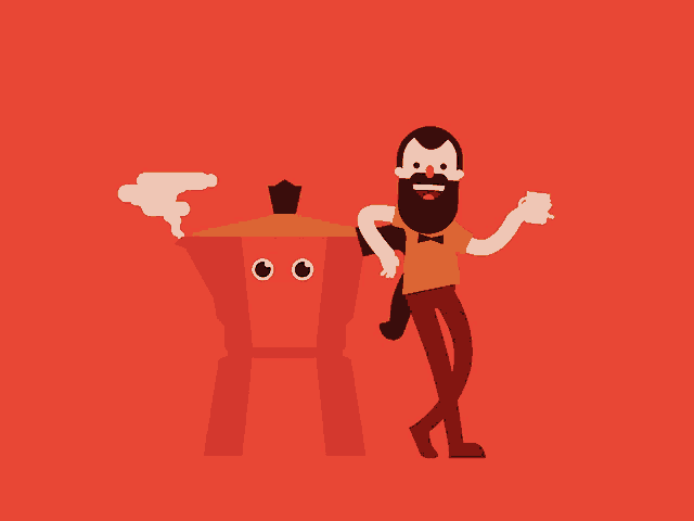 a man with a beard holds a cup of coffee next to a coffee pot