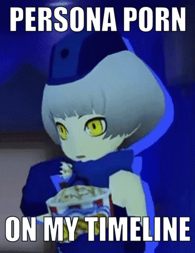 a persona porn on my timeline meme with a girl holding a bag of popcorn