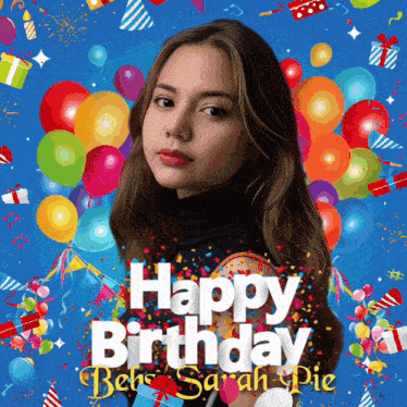 a poster that says happy birthday with balloons and confetti