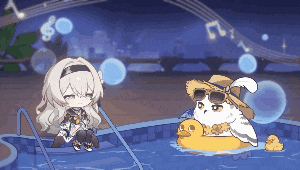 a girl sits on a staircase next to a cat in a duck float in a pool