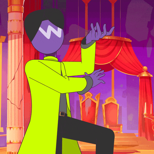a cartoon character with a purple face and the letter w on his face