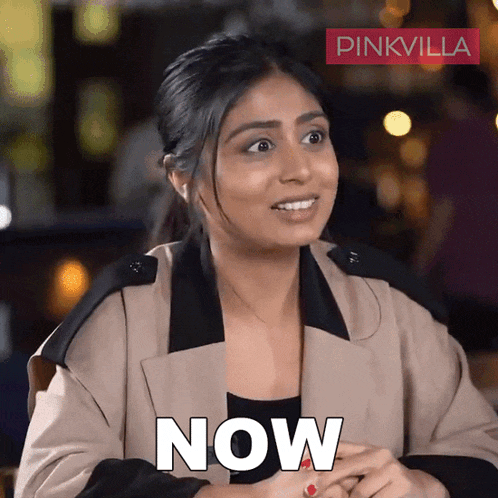 a woman says " now " in front of a pinkvilla banner