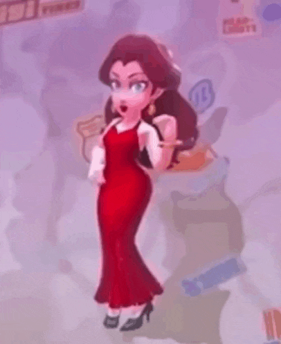 a cartoon character in a red dress is standing in front of a map .