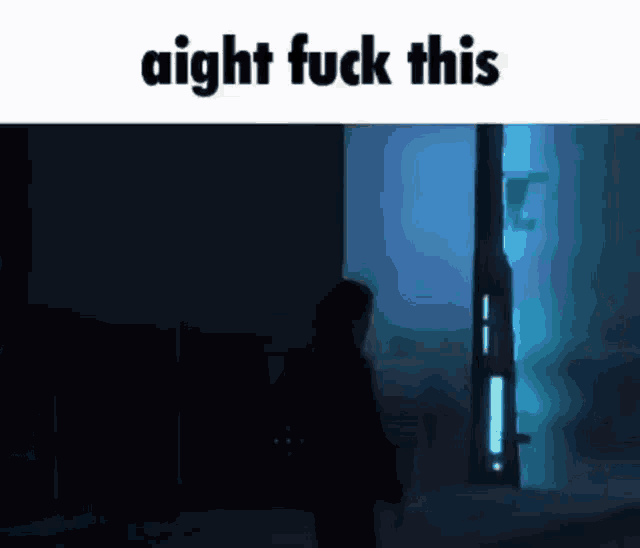 a silhouette of a person walking in the dark with the words `` aight fuck this '' written on the bottom .