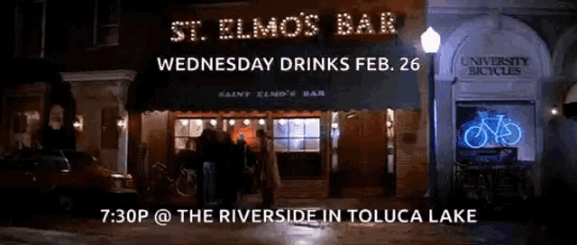 a sign for st. elmo 's bar advertises wednesday drinks february 26