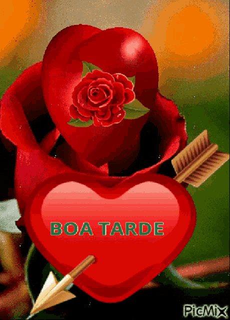 a red heart with a rose and an arrow through it says boa tarde