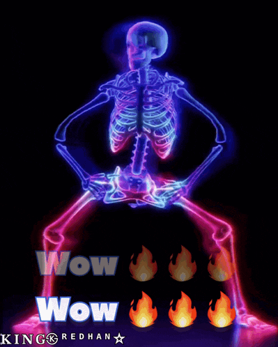 a glowing skeleton with the words wow wow written on it