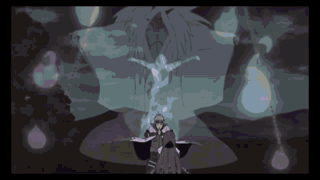a man in a cape is standing in front of a ghost with a tv channel displayed on the bottom right