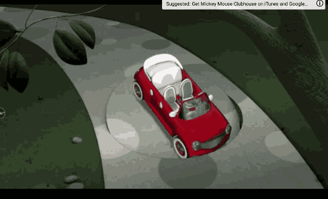 a red car is driving down a road with a suggestion to get mickey mouse clubhouse on itunes and google at the bottom