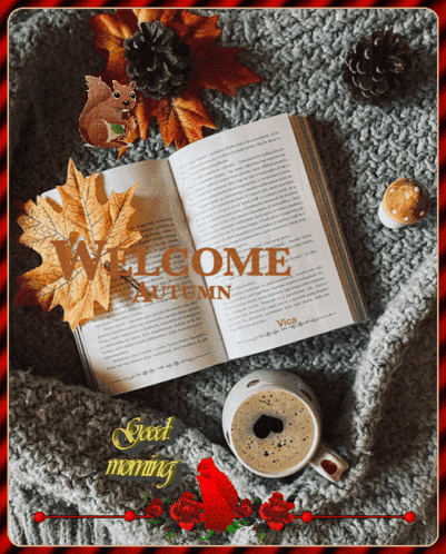 a welcome autumn greeting card with a book and coffee