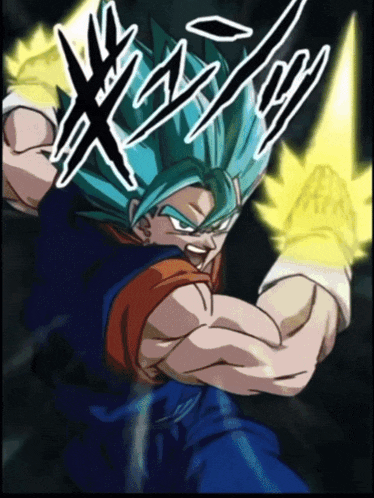 a cartoon of a man with blue hair and a yellow light coming out of his hands