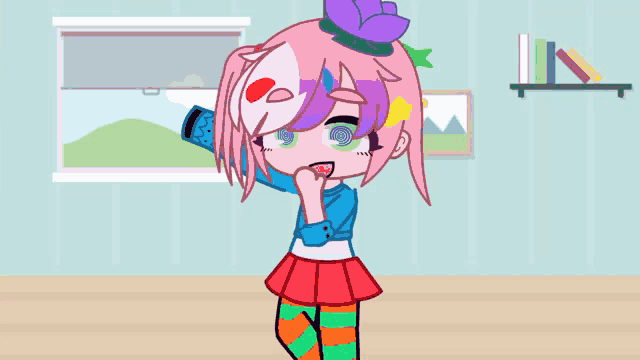 a girl with pink hair and purple eyes is standing in a living room .
