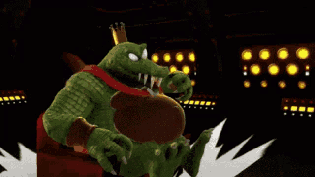 a green crocodile with a crown on his head is holding another crocodile
