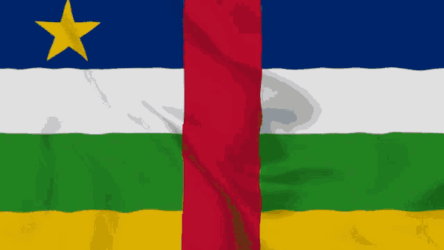 a blue green and yellow flag with a yellow star on top