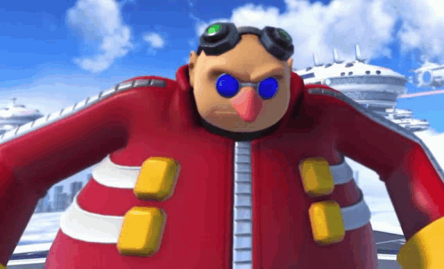 a cartoon character is wearing a red jacket and goggles .