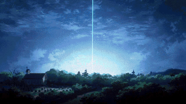 a pixelated image of a house and trees with a bright light shining through the sky